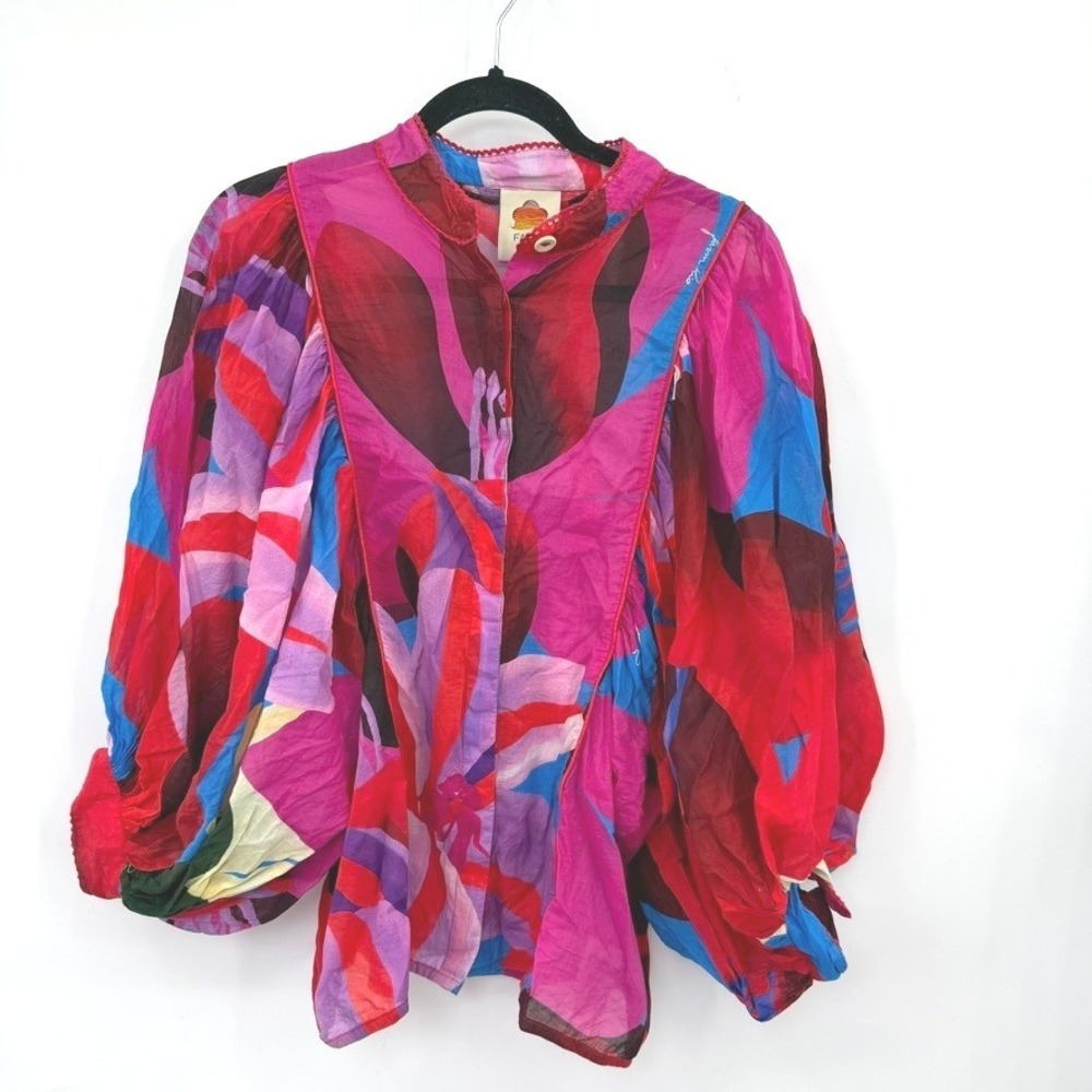 Farm Rio Blouse Women M Watercolor Floral Puff Sleeve Boho Resort Festival Artsy